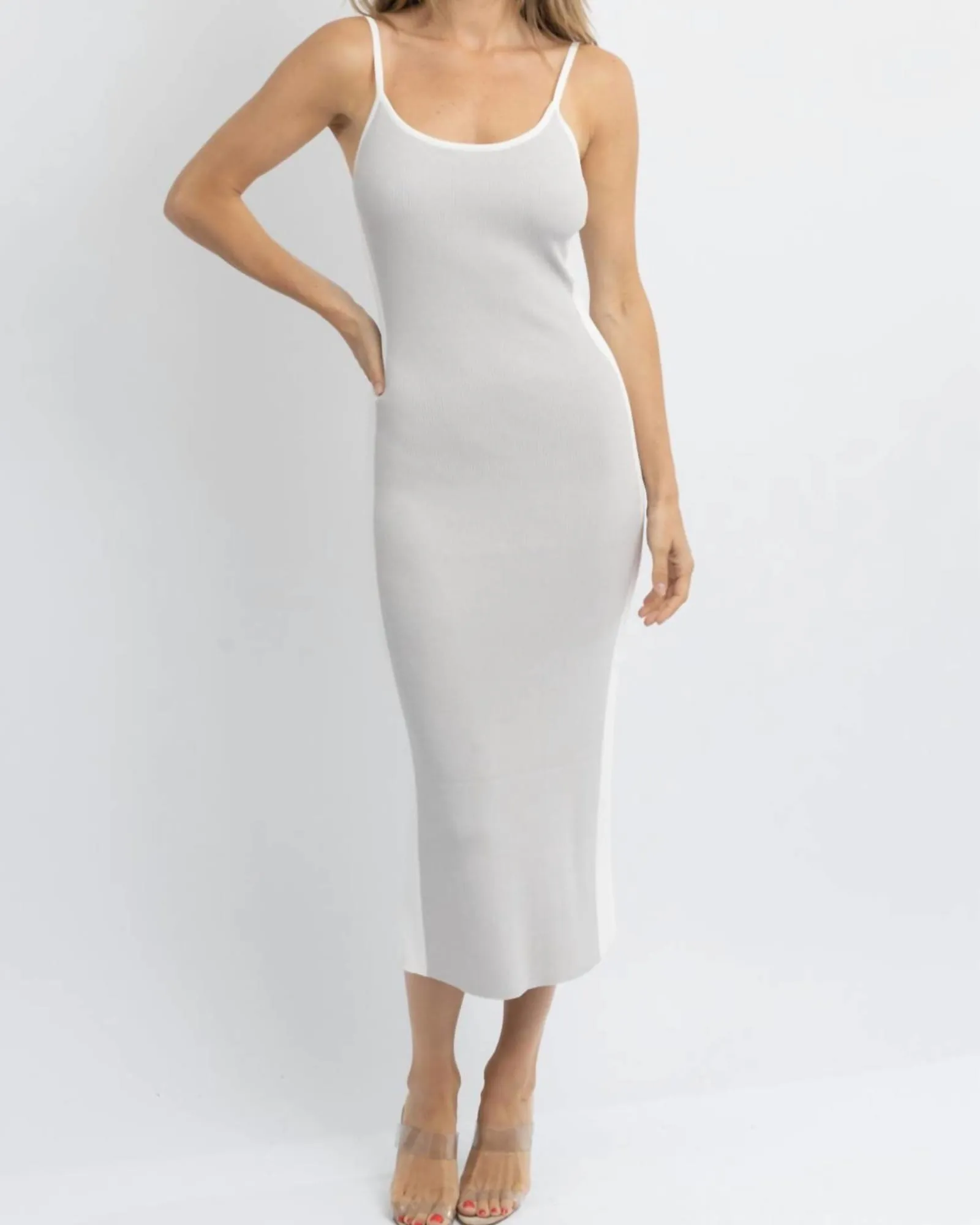 Whipped Knit Contrast Midi Dress In Grey   Ivory | Grey   Ivory