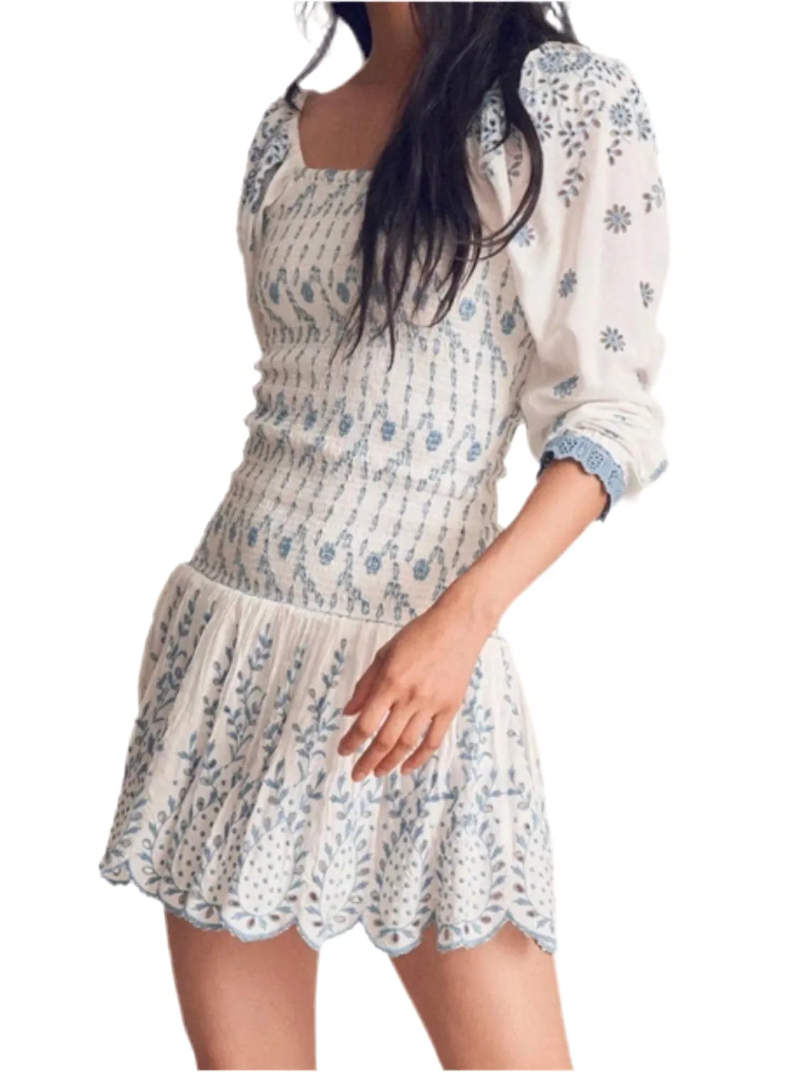 White and blue long sleeves lace mini dress