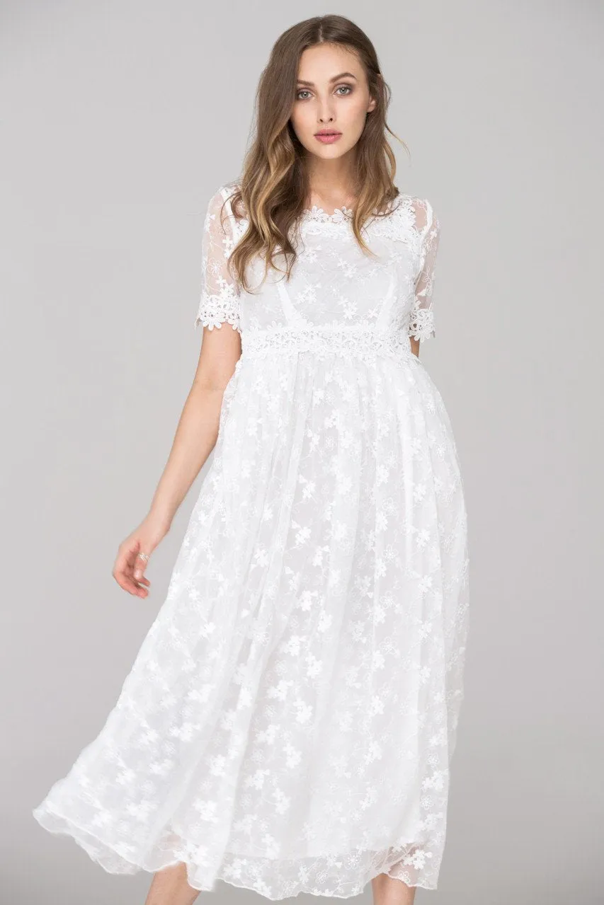 White Embroidered Soft Tulle Maxi Dress