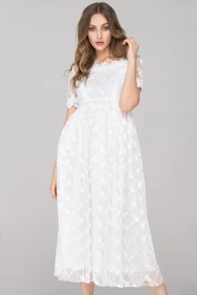 White Embroidered Soft Tulle Maxi Dress