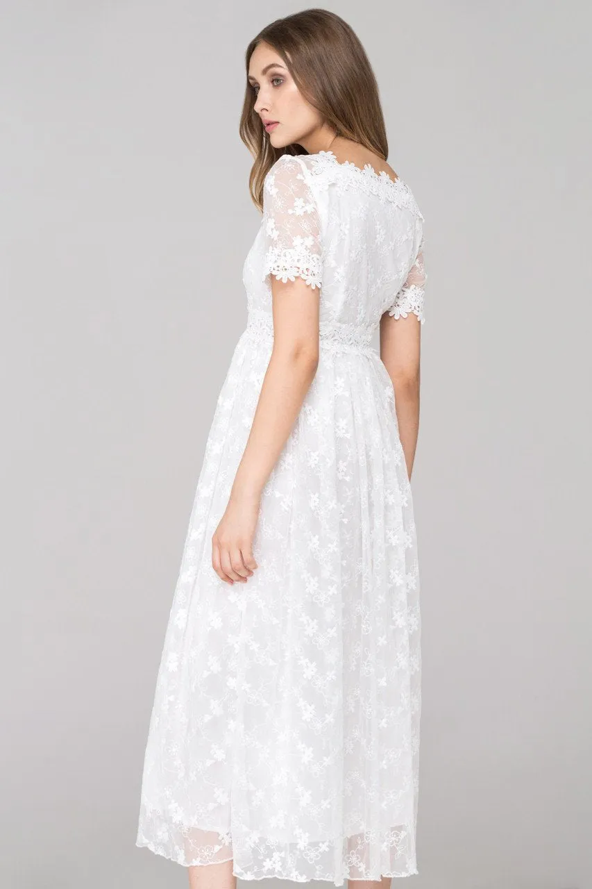 White Embroidered Soft Tulle Maxi Dress