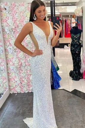 White Sequin V-Neck Mermaid Long Formal Dress,Sparkly Prom Dresses      fg2803