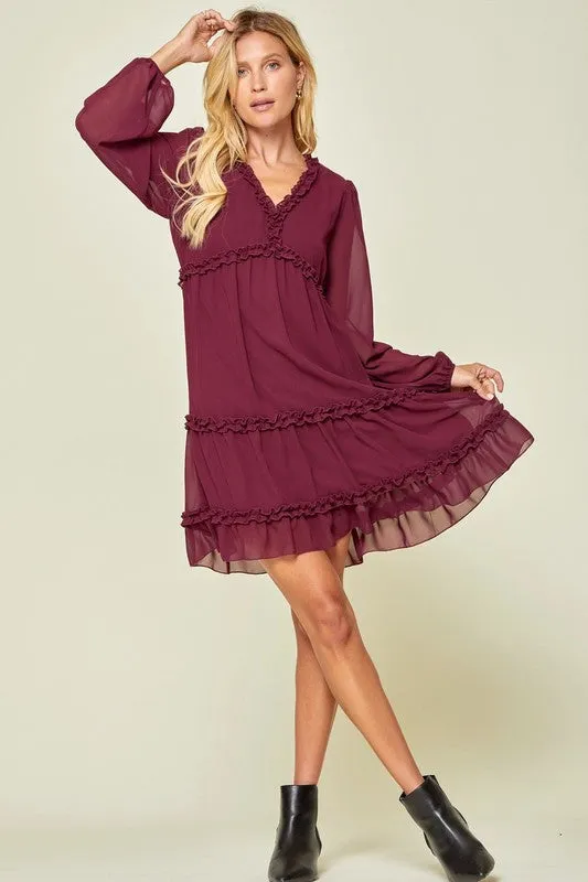 Wine Long Sleeve V-Neck Babydoll Dress