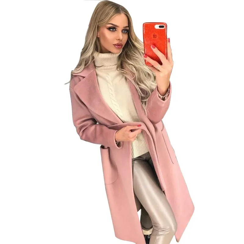 Winter And Autumn Fashion New Lapel Long Sleeves Solid Color Plush Long Ladies Coat Casual Women'S Clothing Female Wool Coat