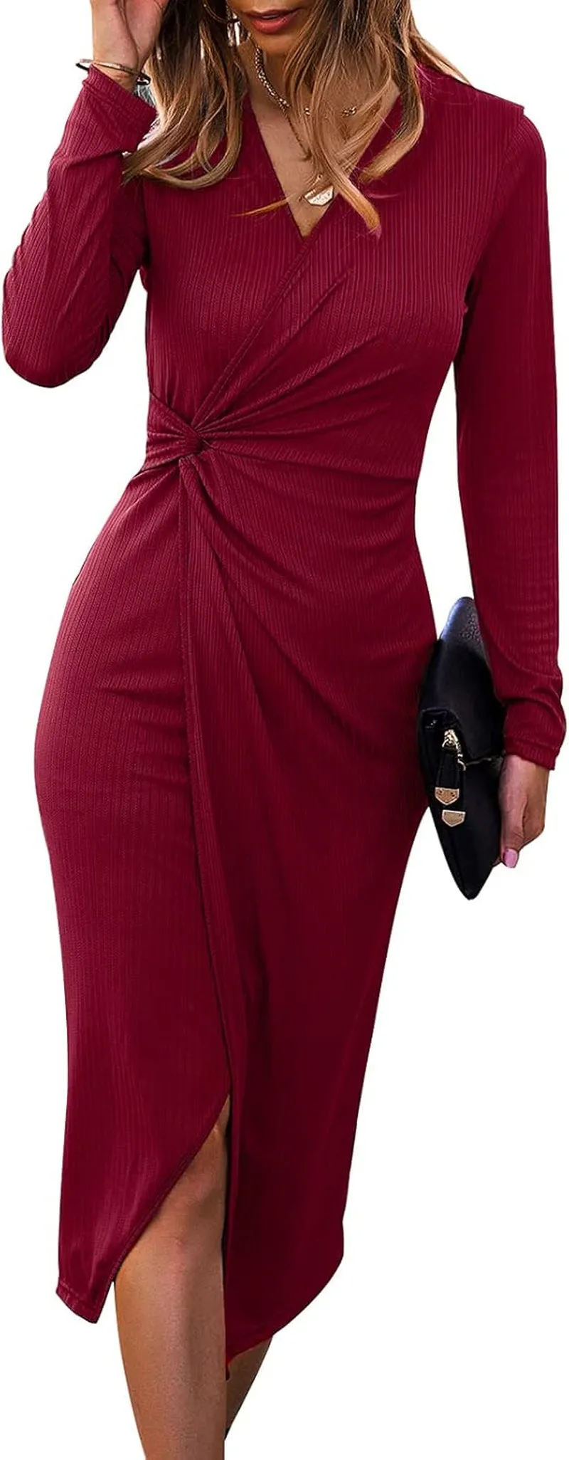 Women Casual Dresses V Neck Long Sleeve Twist Front Waist Ribbed Knit Bodycon Dress Slit Midi Party Fall Dress