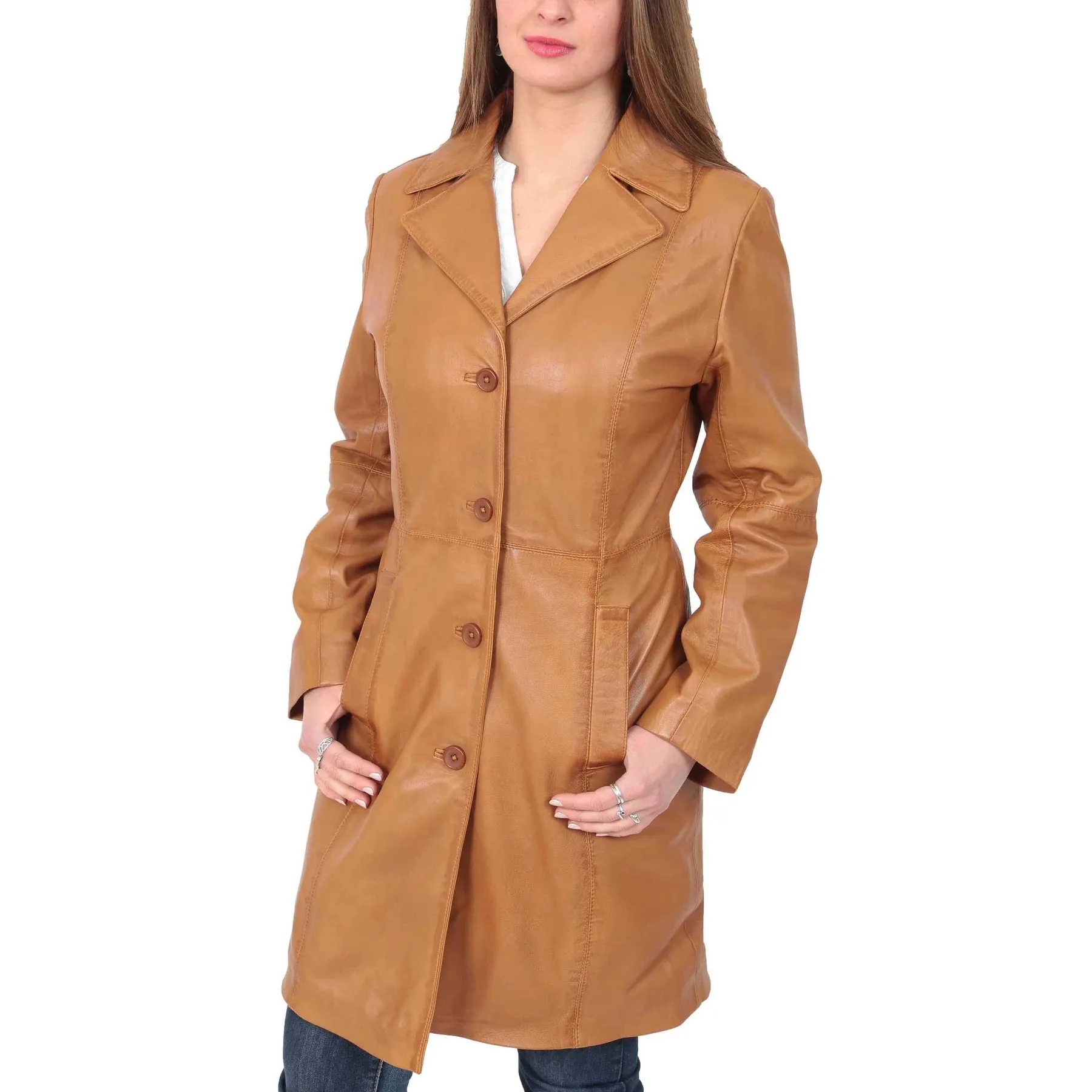 Women's 3/4 Length  Button Fasten Leather Coat