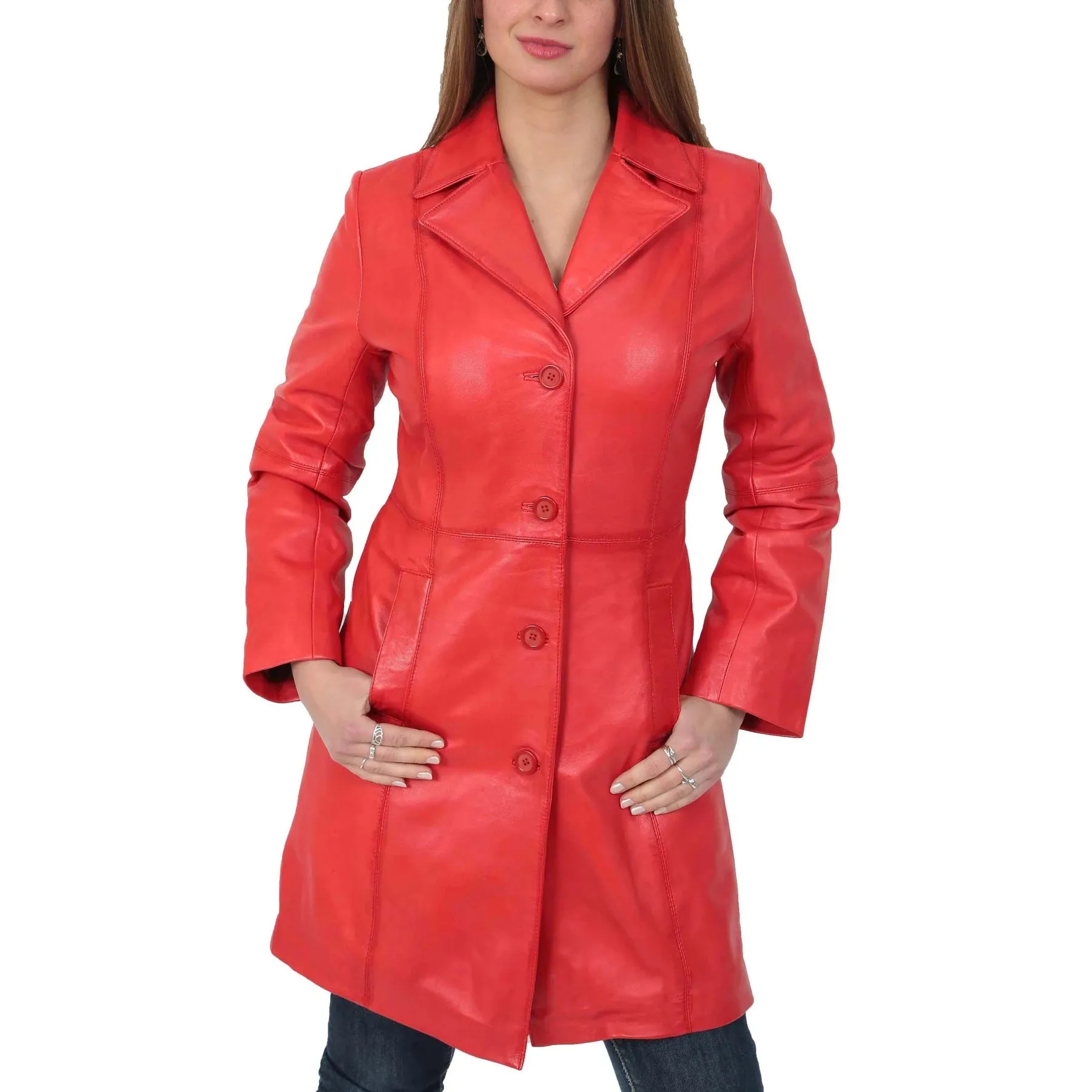 Women's 3/4 Length  Button Fasten Leather Coat