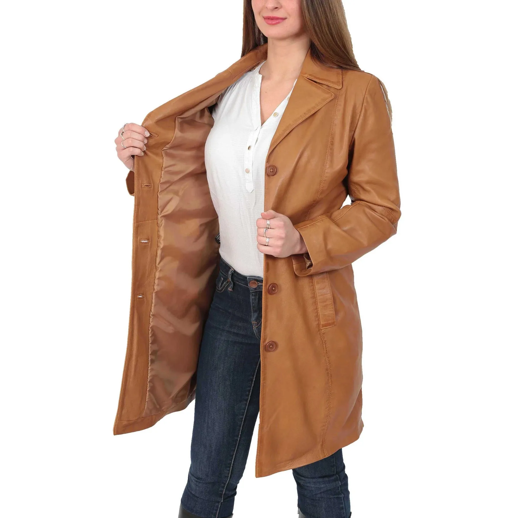 Women's 3/4 Length  Button Fasten Leather Coat