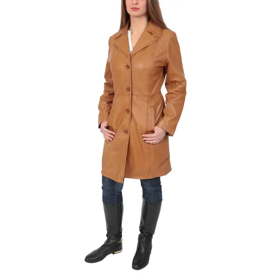 Women's 3/4 Length  Button Fasten Leather Coat