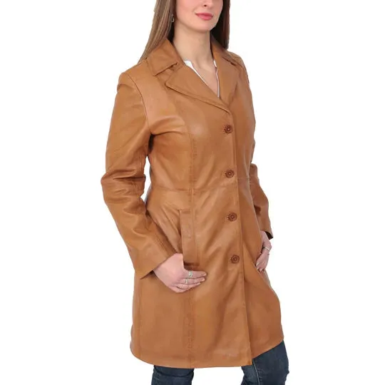 Women's 3/4 Length  Button Fasten Leather Coat