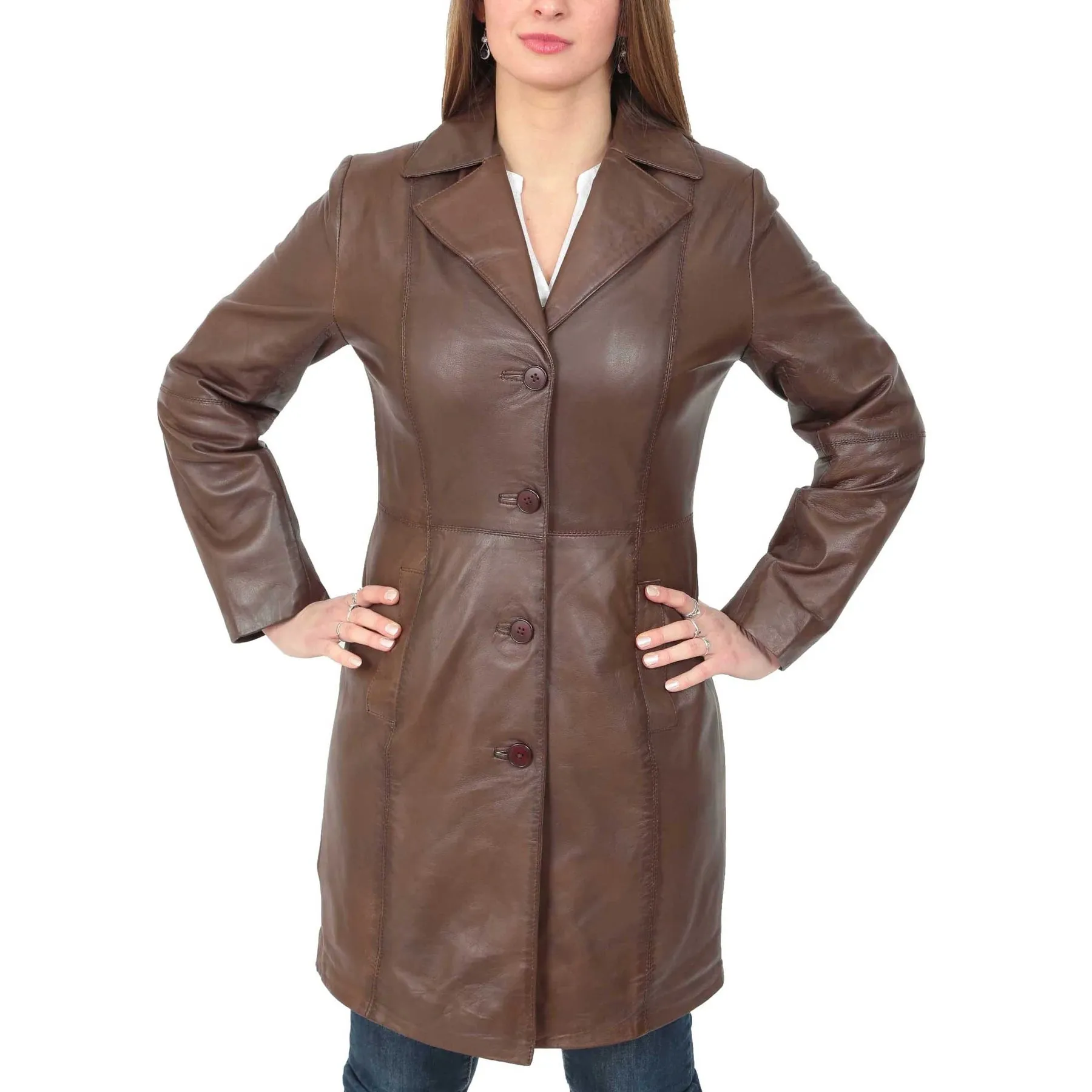 Women's 3/4 Length  Button Fasten Leather Coat