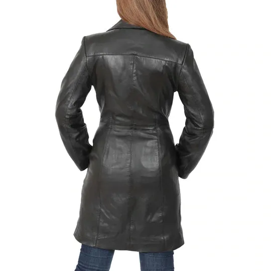 Women's 3/4 Length  Button Fasten Leather Coat