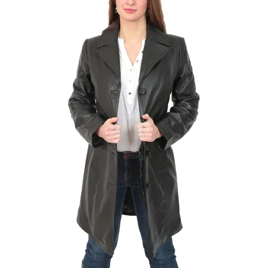 Women's 3/4 Length  Button Fasten Leather Coat