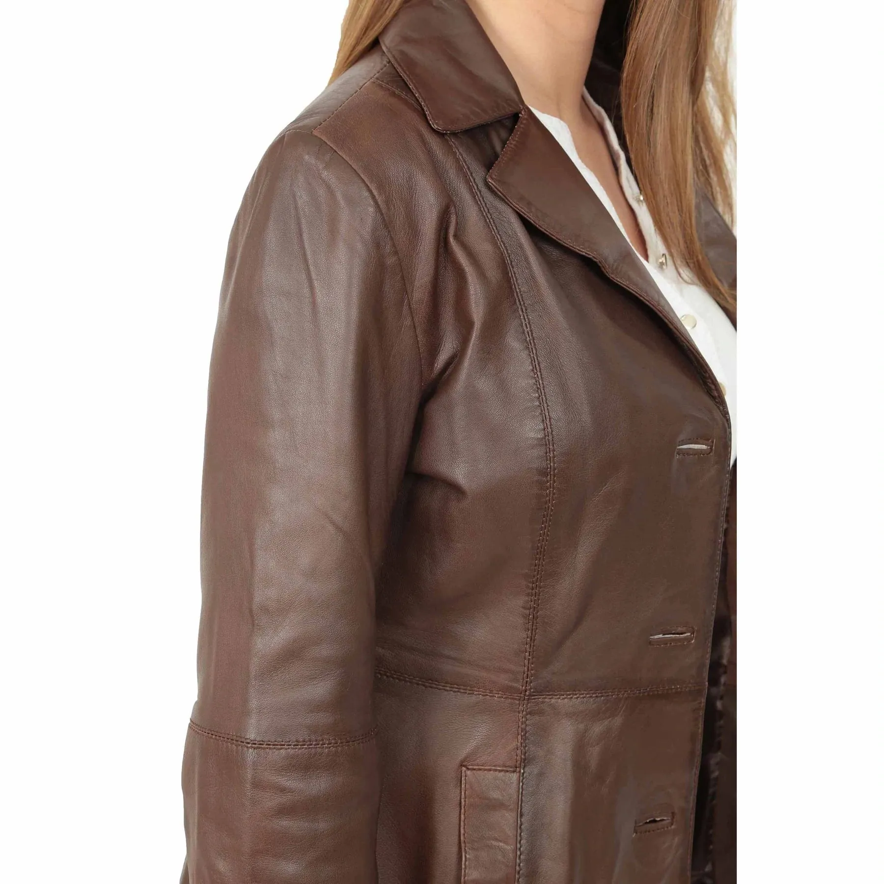 Women's 3/4 Length  Button Fasten Leather Coat