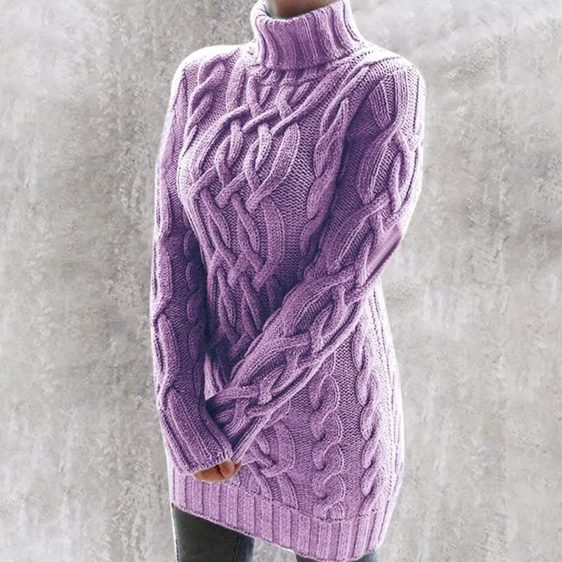 Women's cable knit turtleneck sweater dress sexy twist long sleeve knitted pullovers