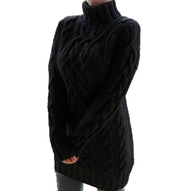 Women's cable knit turtleneck sweater dress sexy twist long sleeve knitted pullovers