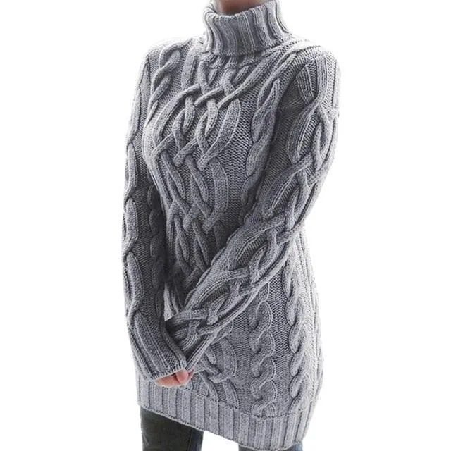 Women's cable knit turtleneck sweater dress sexy twist long sleeve knitted pullovers