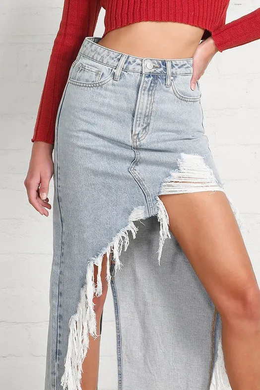 Women's High-Low Distressed Denim Maxi Skirt in Light Wash