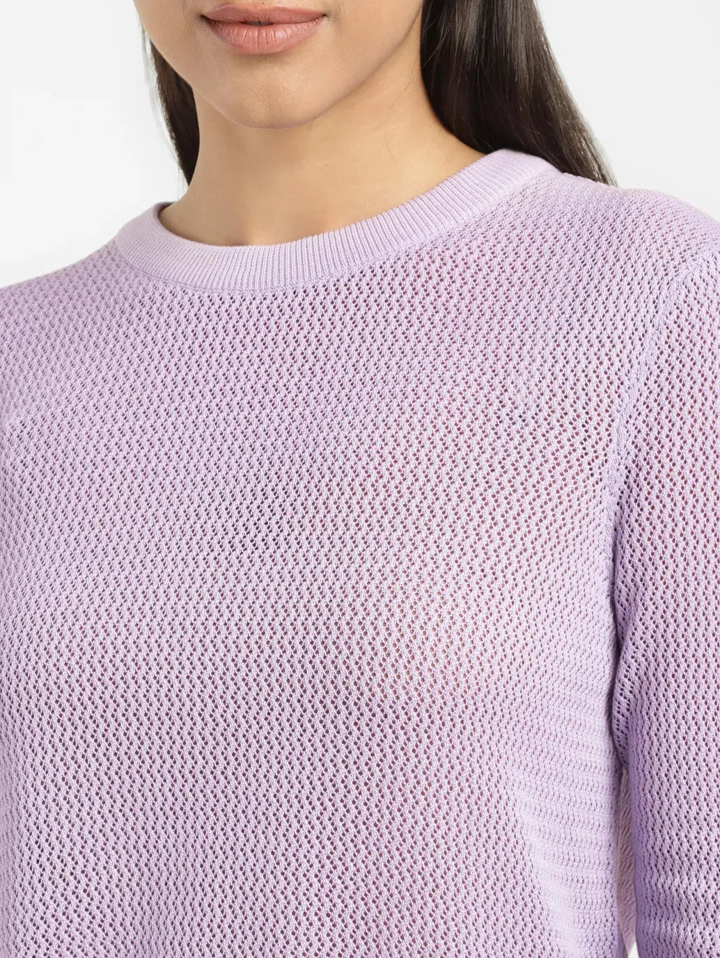 Women's Self Design Lilac Crew Neck Sweater