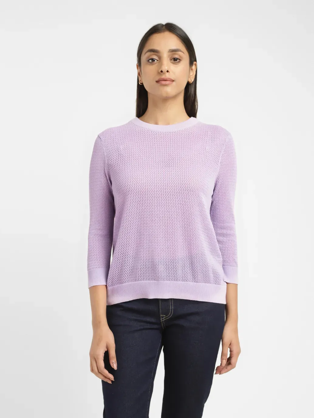 Women's Self Design Lilac Crew Neck Sweater