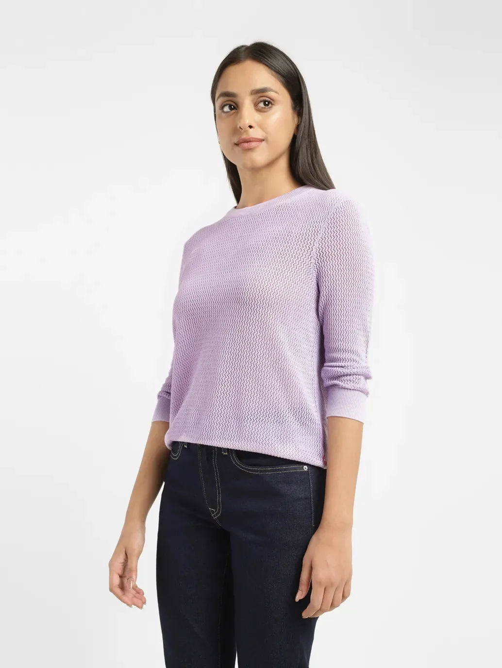 Women's Self Design Lilac Crew Neck Sweater