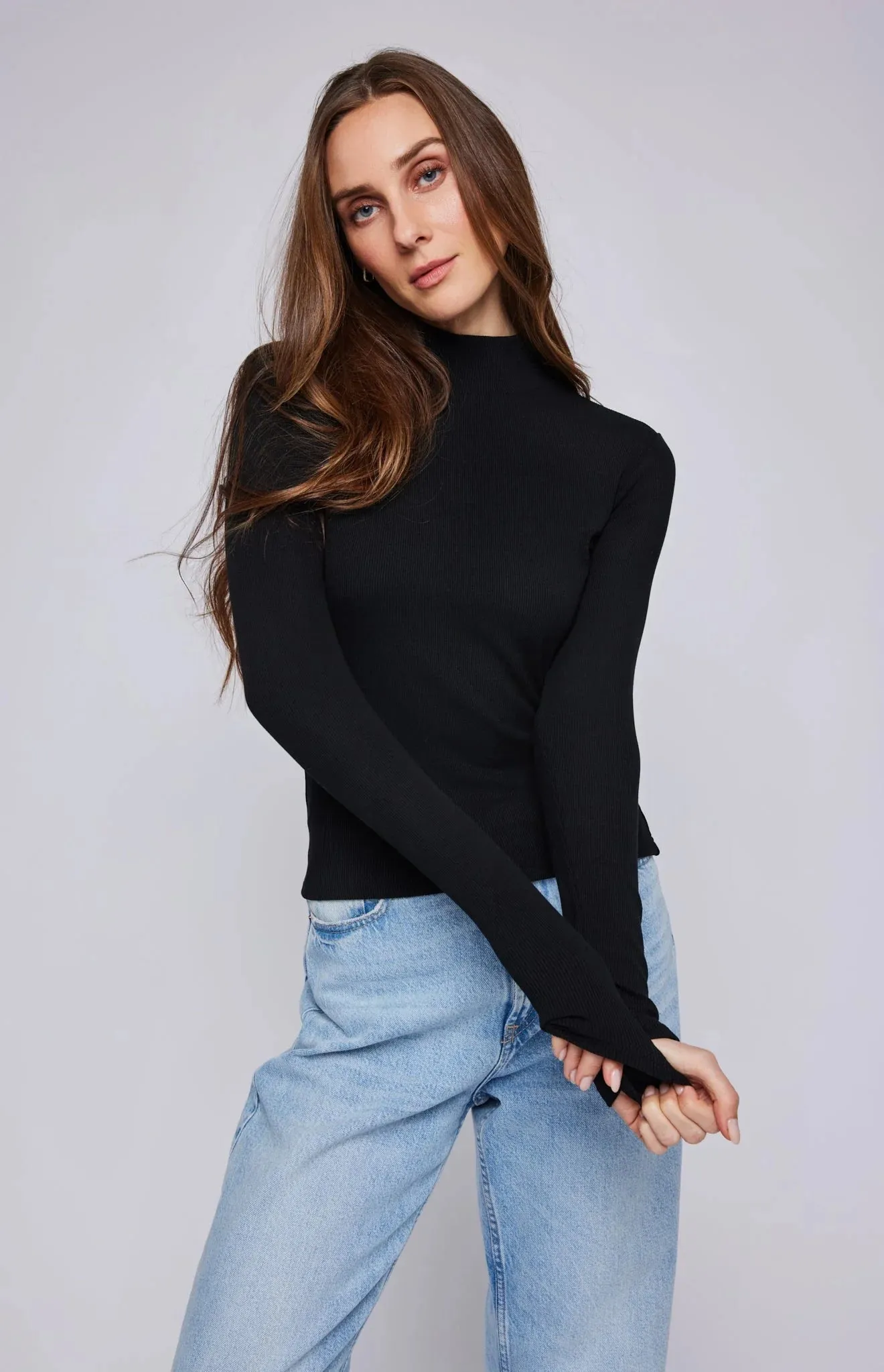 Wren L/s Mock Neck Tee-Blk